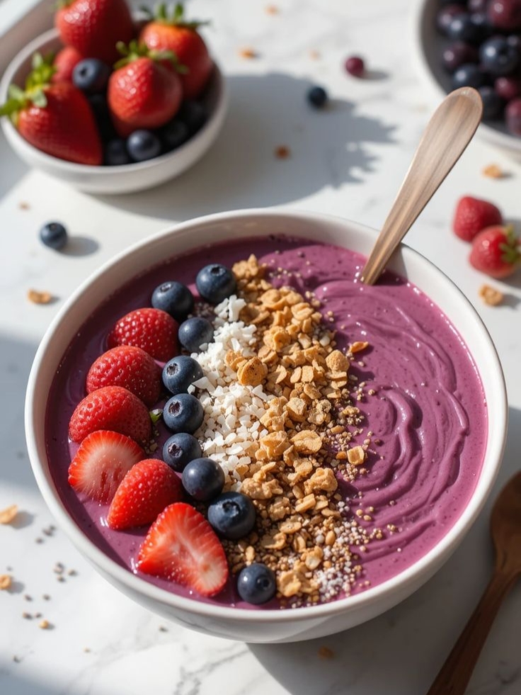 smoothie bowl buah bery dengan toping strobery dan granola