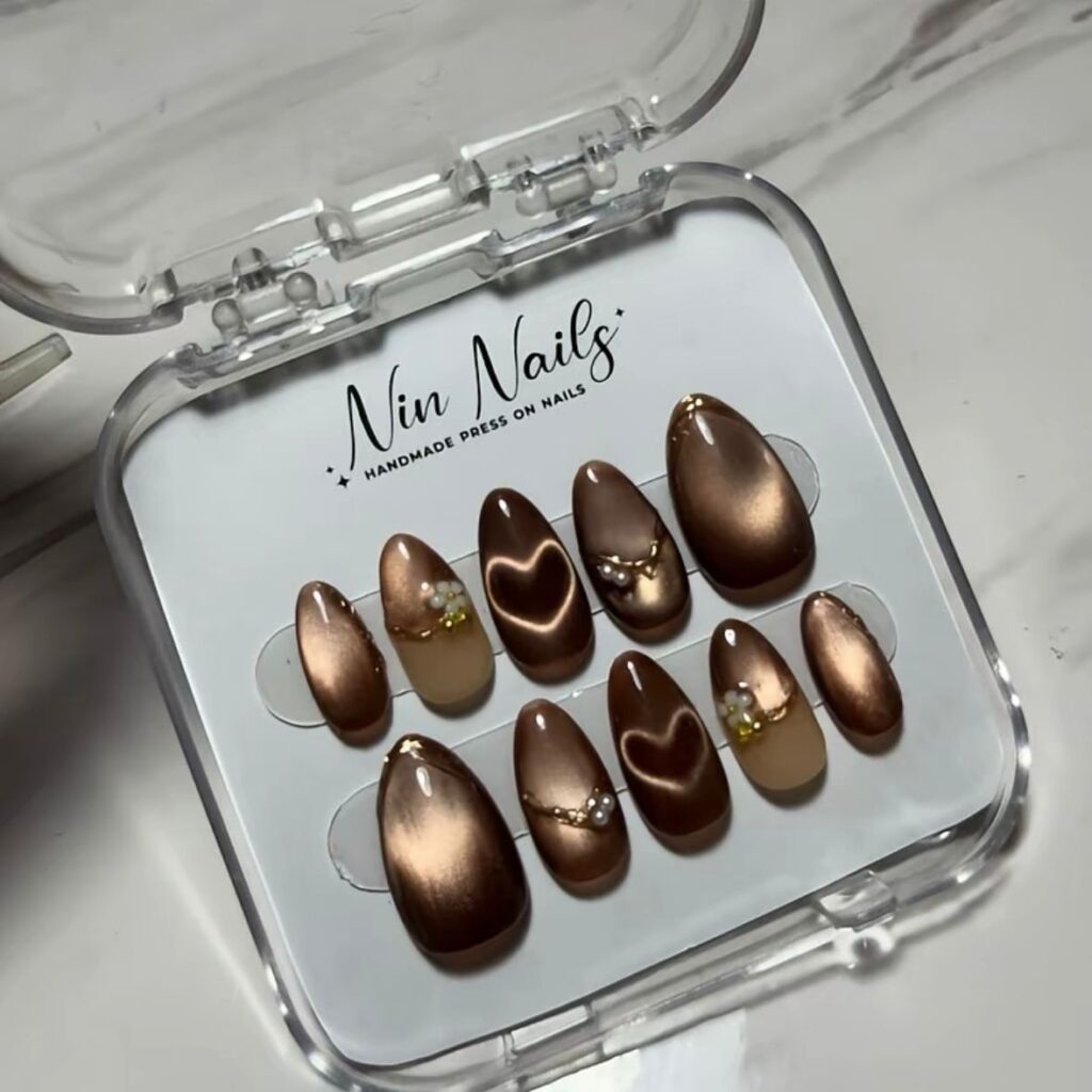 press on nails cat eye coklat